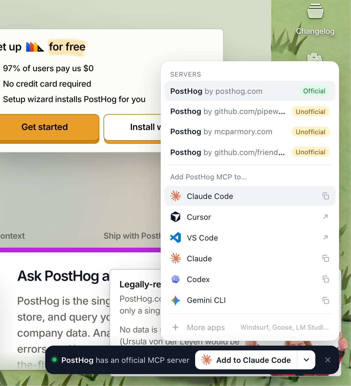 MCP Here menu on posthog.com